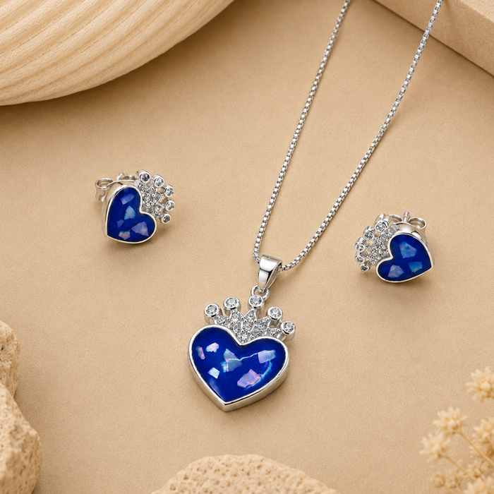 Silver Blue Heart & CZ Crown Pendant Set
