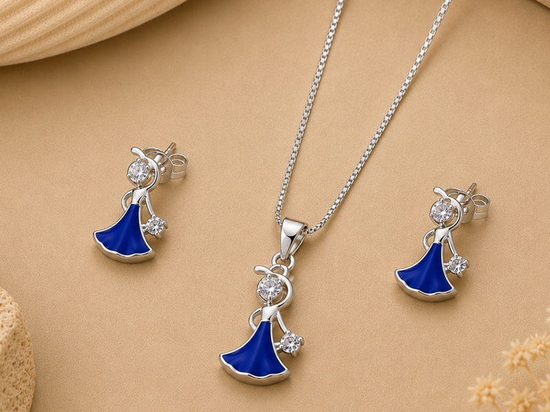 Silver Blue Fan Drop Pendant & Earring Set