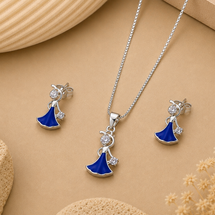 Silver Blue Fan Drop Pendant & Earring Set