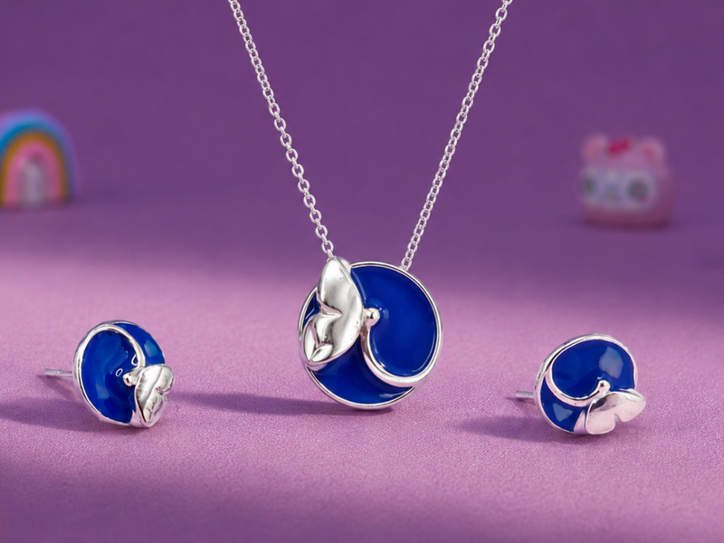 Silver Blue Enamel Swirl Blossom Pendant Set