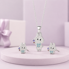Silver Enamel Kitty Charm Pendant & Stud Set