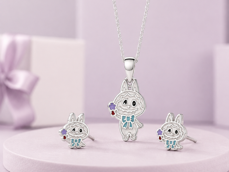 Silver Enamel Kitty Charm Pendant & Stud Set