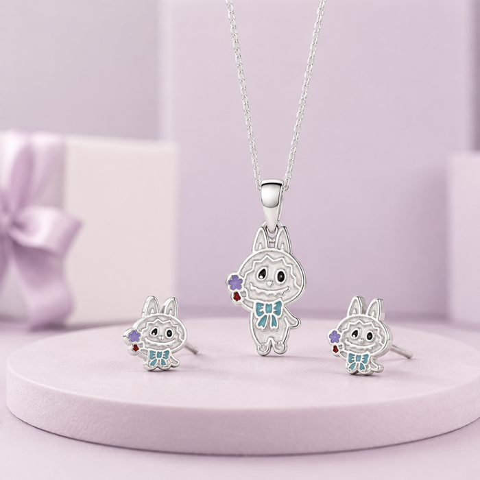 Silver Enamel Kitty Charm Pendant & Stud Set