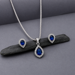 Silver Blue Teardrop CZ Halo Pendant & Earring Set