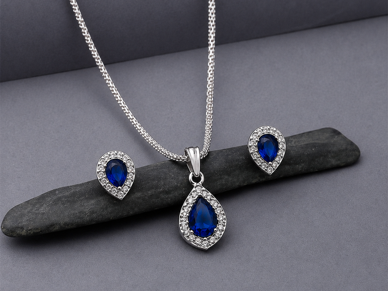 Silver Blue Teardrop CZ Halo Pendant & Earring Set