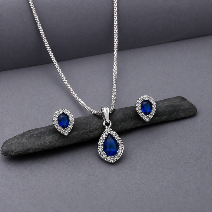 Silver Blue Teardrop CZ Halo Pendant & Earring Set