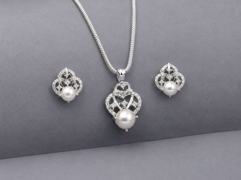 Silver Pearl Filigree Pendant & Earring Set