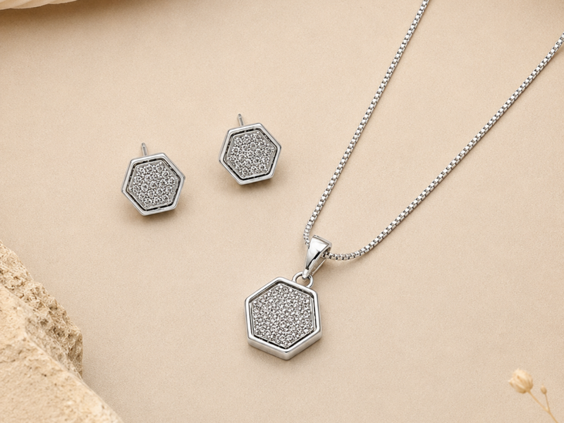 Silver Pave Hexagon Pendant & Stud Set