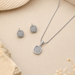 Silver Pave Cushion Pendant & Stud Set