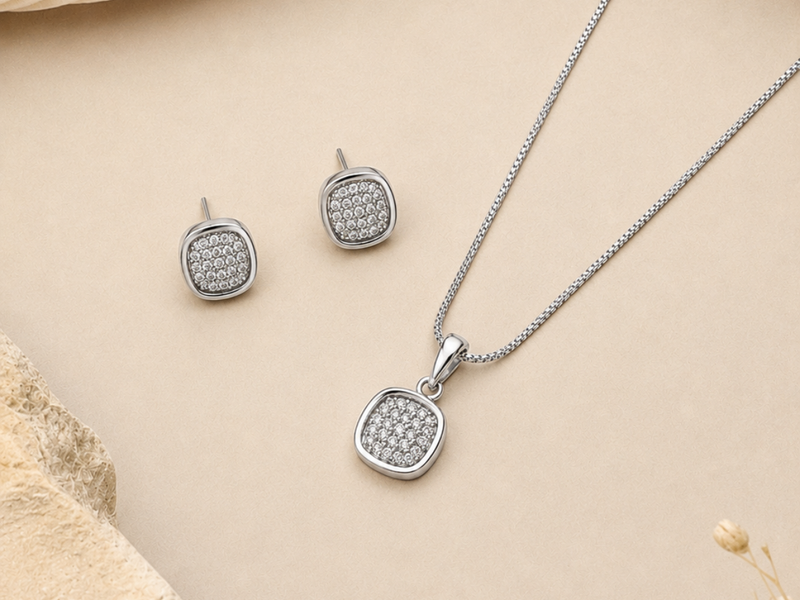 Silver Pave Cushion Pendant & Stud Set