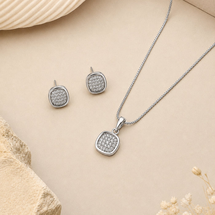 Silver Pave Cushion Pendant & Stud Set