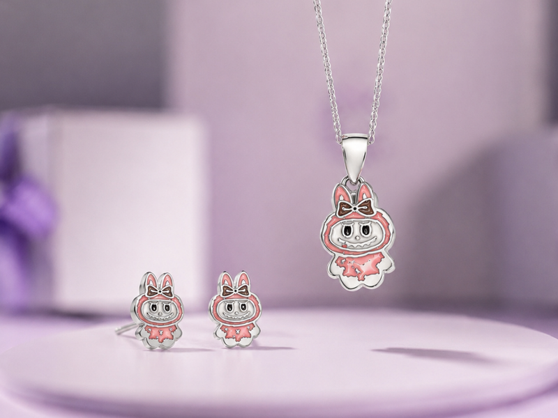 Silver Pink Enamel Bunny Pendant & Stud Set