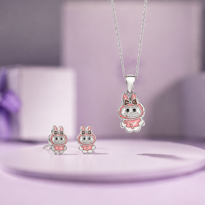Silver Pink Enamel Bunny Pendant & Stud Set