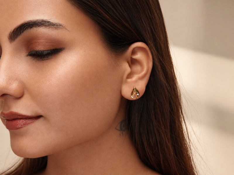 Two-Tone Golden Large Teardrop CZ Studs – view 2
