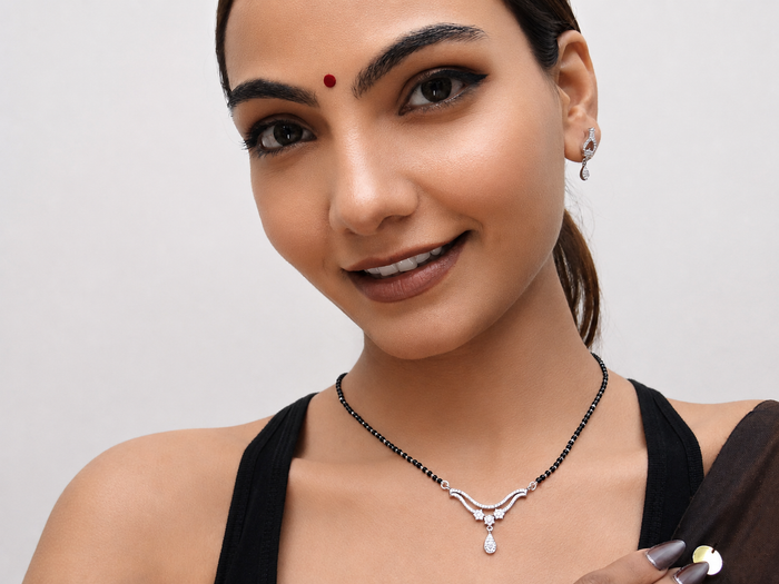 Silver CZ V-Bar Teardrop Mangalsutra