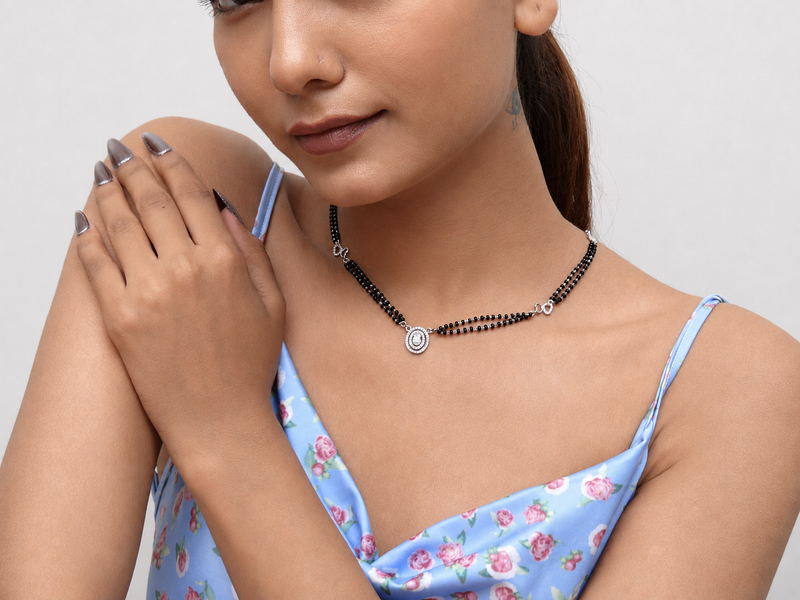 Silver Oval CZ Halo Double-Strand Mangalsutra – view 2