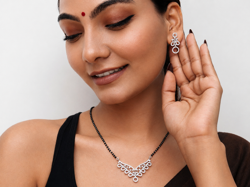 Silver CZ Scalloped Mangalsutra & Earring Set