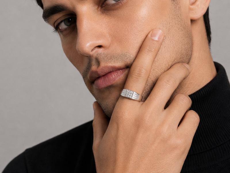 Silver Men's Square Pave Panel Ribbed Ring – view 2