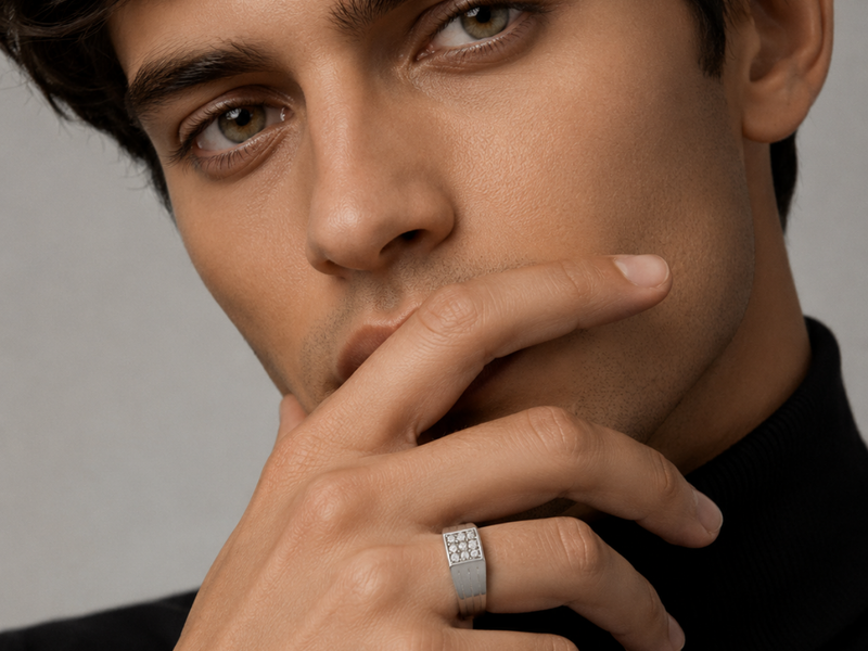 Silver Men's Square Pave Panel Ribbed Ring – view 4