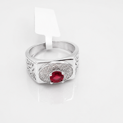 Silver Men's Ruby Oval Halo Engraved Ring – view 3