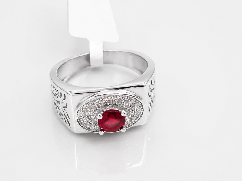 Silver Men's Ruby Oval Halo Engraved Ring – view 3