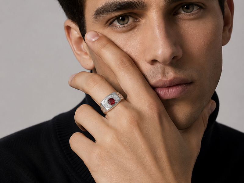 Silver Men's Ruby Oval Halo Engraved Ring – view 2