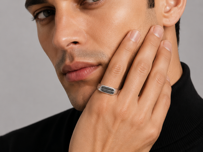 Silver Men's Black CZ Inlay Band Ring – view 3