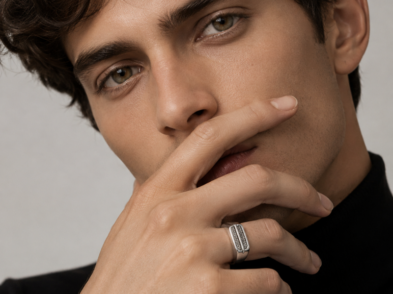 Silver Men's Black CZ Inlay Band Ring – view 2