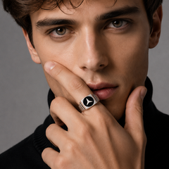 Silver Men's Black Enamel Emblem Signet Ring – view 2