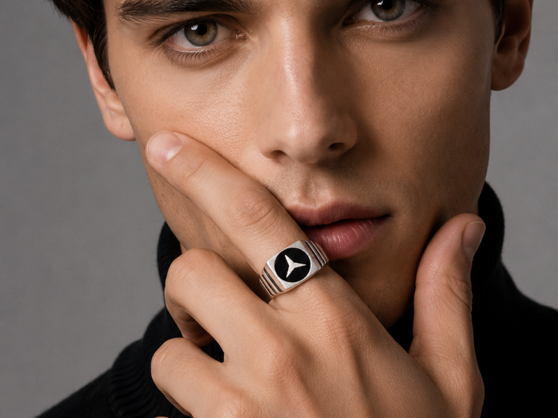 Silver Men's Black Enamel Emblem Signet Ring – view 2