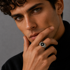 Silver Men's Black Enamel Emblem Signet Ring – view 3