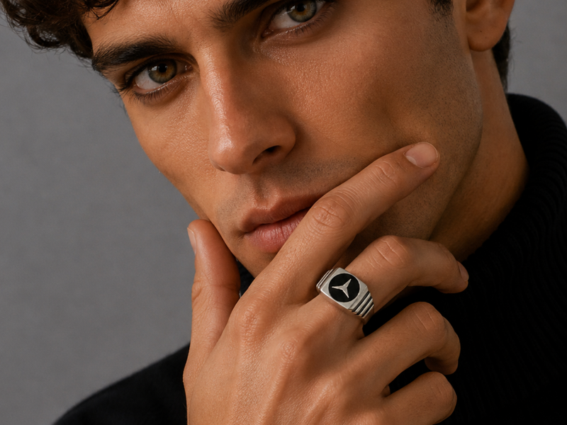 Silver Men's Black Enamel Emblem Signet Ring – view 3