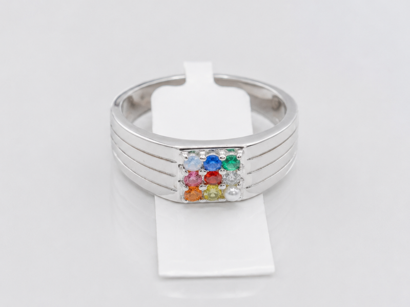 Silver Men's Navratna Multicolour Stone Ring – view 2
