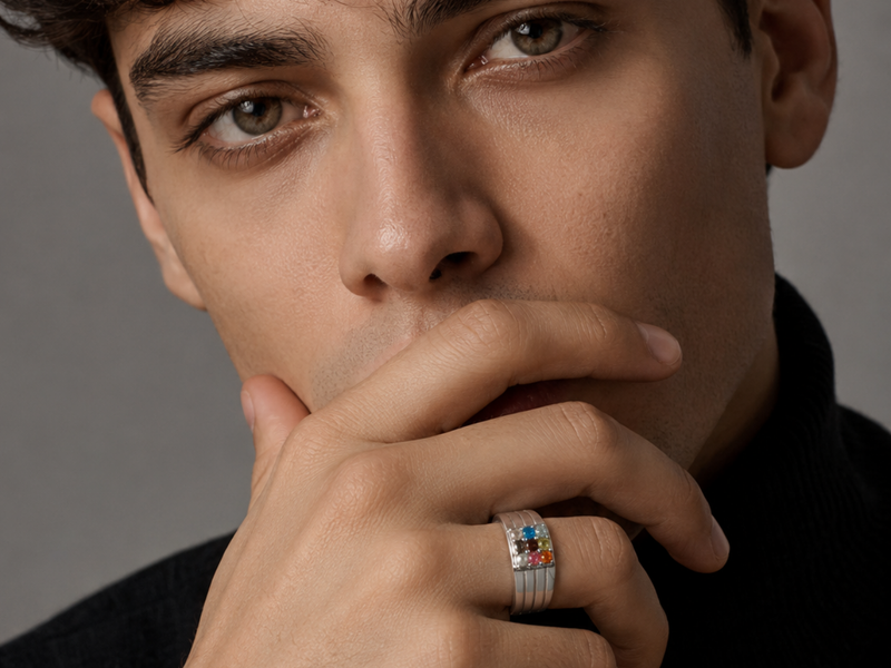 Silver Men's Navratna Multicolour Stone Ring – view 3