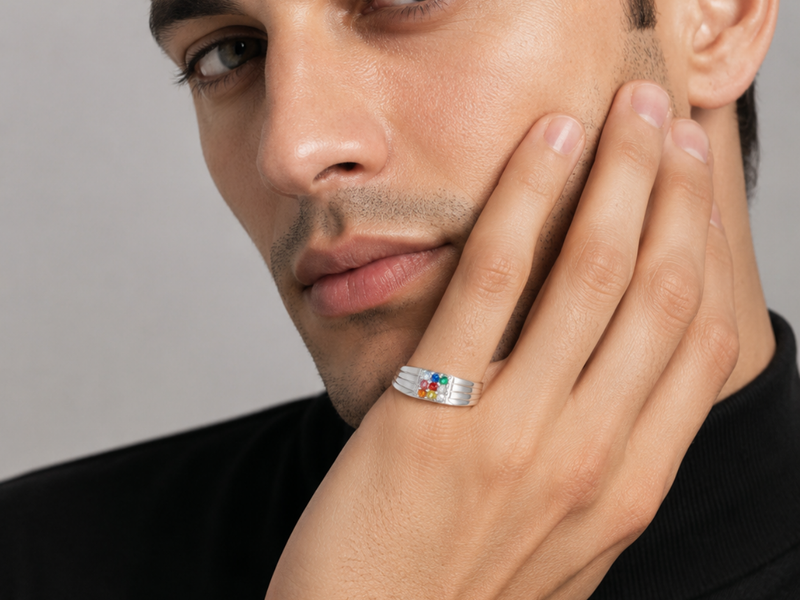 Silver Men's Navratna Multicolour Stone Ring – view 4