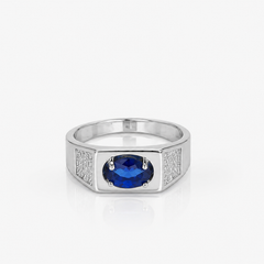 Silver Men's Blue Oval Stone Ring – view 4