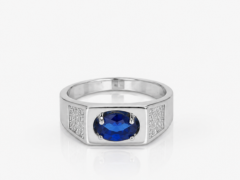 Silver Men's Blue Oval Stone Ring – view 4