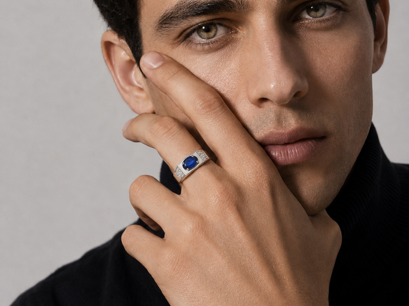 Silver Men's Blue Oval Stone Ring – view 2