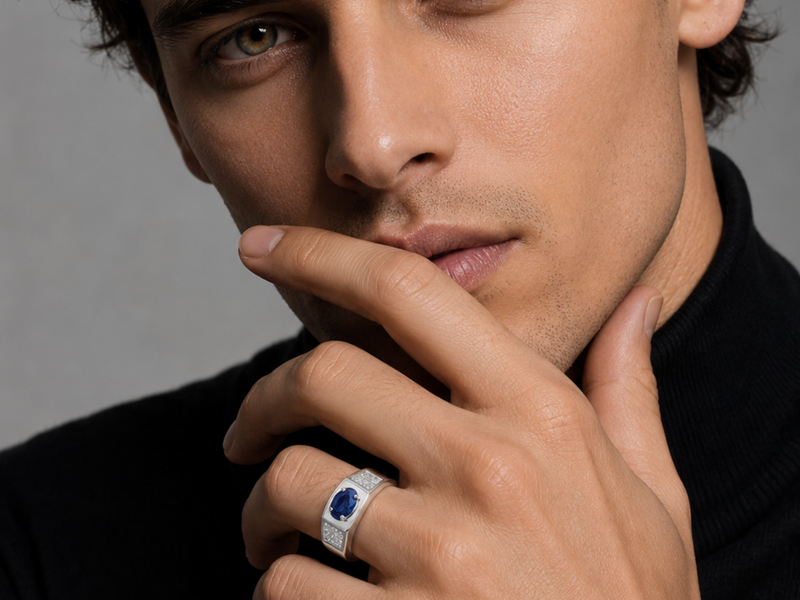 Silver Men's Blue Oval Stone Ring – view 3