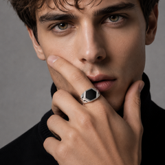 Silver Men's Black Hexagon Signet Ring – view 2