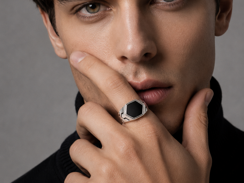 Silver Men's Black Hexagon Signet Ring – view 2