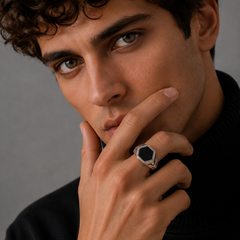 Silver Men's Black Hexagon Signet Ring – view 3