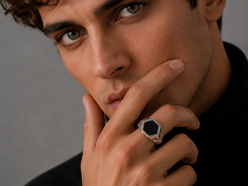 Silver Men's Black Hexagon Signet Ring – view 3
