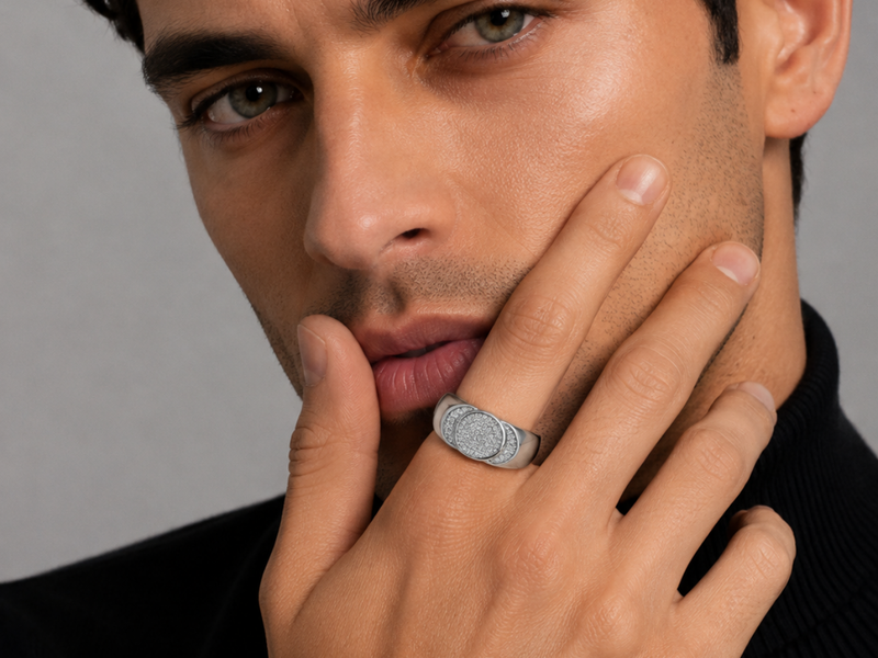 Silver Men's Round Pave Disc Signet Ring – view 2
