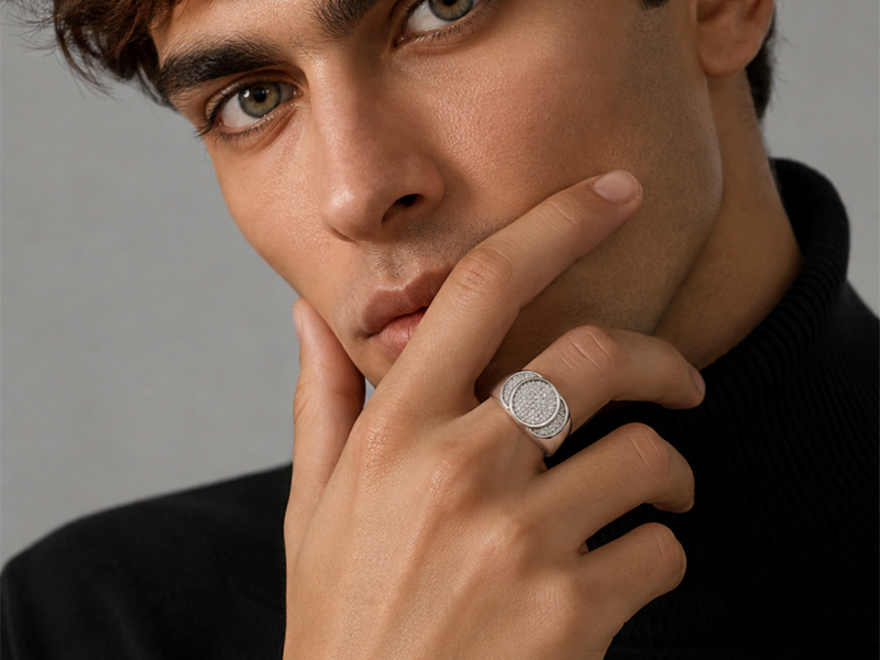 Silver Men's Round Pave Disc Signet Ring – view 3