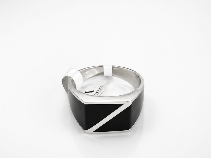 Silver Men's Black Enamel Diagonal Signet Ring – view 4