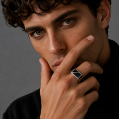 Silver Men's Black Enamel Diagonal Signet Ring – view 2