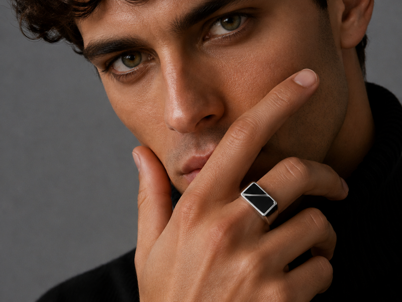 Silver Men's Black Enamel Diagonal Signet Ring – view 2