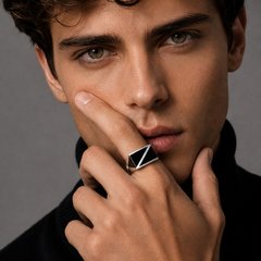 Silver Men's Black Enamel Diagonal Signet Ring – view 3