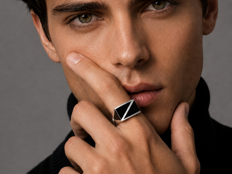 Silver Men's Black Enamel Diagonal Signet Ring – view 3